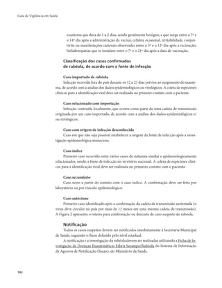 Guia de Vigilância em Saúde 
162 
exantema que dura de 1 a 2 dias, sendo geralmente benigno, e que surge entre o 7º e 
o 14º dia após a administração da vacina; cefaleia ocasional, irritabilidade, conjun-tivite 
ou manifestações catarrais observadas entre o 5º e o 12º dia após a vacinação; 
linfadenopatias que se instalam entre o 7º e o 21º dia após a data de vacinação. 
Classificação dos casos confirmados 
de rubéola, de acordo com a fonte de infecção 
Caso importado de rubéola 
Infecção ocorrida fora do país durante os 12 a 23 dias prévios ao surgimento do exante-ma, 
de acordo com a análise dos dados epidemiológicos ou virológicos. A coleta de espécimes 
clínicos para a identificação viral deve ser realizada no primeiro contato com o paciente. 
Caso relacionado com importação 
Infecção contraída localmente, que ocorre como parte de uma cadeia de transmissão 
originada por um caso importado, de acordo com a análise dos dados epidemiológicos e/ 
ou virológicos. 
Caso com origem de infecção desconhecida 
Caso em que não seja possível estabelecer a origem da fonte de infecção após a inves-tigação 
epidemiológica minuciosa. 
Caso índice 
Primeiro caso ocorrido entre vários casos de natureza similar e epidemiologicamente 
relacionados, sendo a fonte de infecção no território nacional. A coleta de espécimes clíni-cos 
para a identificação viral deve ser realizada no primeiro contato com o paciente. 
Caso secundário 
Caso novo a partir do contato com o caso índice. A confirmação deve ser feita por 
laboratório ou por vínculo epidemiológico. 
Caso autóctone 
Primeiro caso identificado após a confirmação da cadeia de transmissão sustentada (o 
vírus deve circular no país por mais de 12 meses em uma mesma cadeia de transmissão). 
A Figura 2 apresenta o roteiro para confirmação ou descarte de caso suspeito de rubéola. 
Notificação 
Todos os casos suspeitos devem ser notificados imediatamente à Secretaria Municipal 
de Saúde, seguindo o fluxo definido pelo nível estadual. 
A notificação e a investigação da rubéola devem ser realizadas utilizando a Ficha de In-vestigação 
de Doenças Exantemáticas Febris Sarampo/Rubéola do Sistema de Informação 
de Agravos de Notificação (Sinan), do Ministério da Saúde. 
 