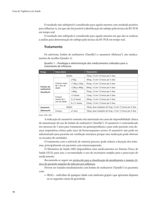 Guia de Vigilância em Saúde 
18 
O resultado não subtipável é considerado para aquela amostra com resultado positivo 
para influenza A, em que não foi possível a identificação do subtipo pela técnica da RT-PCR 
em tempo real. 
O resultado não subtipado é considerado para aquela amostra em que não se realizou 
a análise para determinação do subtipo pela técnica da RT-PCR em tempo real. 
Tratamento 
Os antivirais, fosfato de oseltamivir (Tamiflu®) e zanamivir (Relenza®), são medica-mentos 
de escolha (Quadro 1). 
Quadro 1 – Posologia e administração dos medicamentos utilizados para o 
tratamento de influenza 
Droga Faixa etária Tratamento 
Fosfato de 
oseltamivir 
(Tamiflu®) 
Adulto 75mg, 12 em 12 horas por 5 dias 
Criança maior 
de 1 ano de 
idade 
≤15kg 30mg, 12 em 12 horas por 5 dias 
>15kg a 23kg 45mg, 12 em 12 horas por 5 dias 
>23kg a 40kg 60mg, 12 em 12 horas por 5 dias 
>40kg 75mg, 12 em 12 horas por 5 dias 
Criança 
menor de 1 
ano de idade 
<3 meses 12mg, 12 em 12 horas por 5 dias 
3 a 5 meses 20mg, 12 em 12 horas por 5 dias 
6 a 11 meses 25mg, 12 em 12 horas por 5 dias 
Zanamivir 
(Relenza®) 
Adulto 10mg: duas inalações de 5mg, 12 em 12 horas por 5 dias 
Criança ≥7 anos 10mg: duas inalações de 5mg, 12 em 12 horas por 5 dias 
Fonte: GSK e CDC. 
A indicação de zanamivir somente está autorizada em casos de impossibilidade clínica 
da manutenção do uso do fosfato de oseltamivir (Tamiflu®). O zanamivir é contraindicado 
em menores de 5 anos para tratamento ou quimioprofilaxia e para todo paciente com do-ença 
respiratória crônica pelo risco de broncoespasmo severo. O zanamivir não pode ser 
administrado para paciente em ventilação mecânica porque essa medicação pode obstruir 
os circuitos do ventilador. 
O tratamento com o antiviral, de maneira precoce, pode reduzir a duração dos sinto-mas, 
principalmente em pacientes com imunossupressão. 
O Ministério da Saúde (MS) disponibiliza estes medicamentos no Sistema Único de 
Saúde (SUS); para isso, é recomendado o uso do receituário simples para a prescrição do 
medicamento. 
Recomenda-se seguir um protocolo para a classificação de atendimento e manejo clí-nico 
do paciente suspeito de infecção por influenza. 
Devem ser tratados imediatamente com fosfato de oseltamivir (Tamiflu®) os pacientes 
com: 
• SRAG – indivíduo de qualquer idade com síndrome gripal e que apresente dispneia 
ou os seguintes sinais de gravidade: 
 