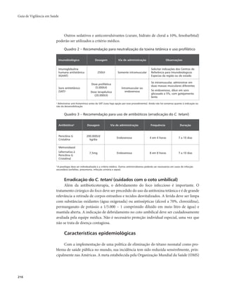 Guia de Vigilância em Saúde 
216 
Outros sedativos e anticonvulsivantes (curare, hidrato de cloral a 10%, fenobarbital) 
poderão ser utilizados a critério médico. 
Quadro 2 – Recomendação para neutralização da toxina tetânica e uso profilático 
Imunobiológico Dosagem Via de administração Observações 
Imunoglobulina 
humana antitetânica 
(IGHAT) 
250UI Somente intramuscular 
Solicitar indicações dos Centros de 
Referência para Imunobiologicos 
Especias da região ou do estado 
Soro antitetânico 
(SAT)a 
Dose profilática 
(5.000UI) 
Dose terapêutica 
(20.000UI) 
Intramuscular ou 
endovenosa 
Se intramuscular, administrar em 
duas massas musculares diferentes 
Se endovenoso, diluir em soro 
glicosado a 5%, com gotejamento 
lento 
a Administrar anti-histamínico antes do SAT (caso haja opção por esse procedimento). Ainda não há consenso quanto à indicação ou 
não da dessensibilização. 
Quadro 3 – Recomendação para uso de antibióticos (erradicação do C. tetani) 
Antibióticoa Dosagem Via de administração Frequência Duração 
Penicilina G 
Cristalina 
200.000UI/ 
kg/dia Endovenosa 4 em 4 horas 7 a 10 dias 
Metronidazol 
(alternativa à 
Penicilina G 
Cristalina) 
7,5mg Endovenosa 8 em 8 horas 7 a 10 dias 
a A posologia deve ser individualizada e a critério médico. Outros antimicrobianos poderão ser necessários em casos de infecção 
secundária (onfalites, pneumonia, infecção urinária e sepse). 
Erradicação do C. tetani (cuidados com o coto umbilical) 
Além da antibioticoterapia, o debridamento do foco infeccioso é importante. O 
tratamento cirúrgico do foco deve ser precedido do uso da antitoxina tetânica e é de grande 
relevância a retirada de corpos estranhos e tecidos desvitalizados. A ferida deve ser limpa 
com substâncias oxidantes (água oxigenada) ou antissépticas (álcool a 70%, clorexidina), 
permanganato de potássio a 1/5.000 – 1 comprimido diluído em meio litro de água) e 
mantida aberta. A indicação de debridamento no coto umbilical deve ser cuidadosamente 
avaliada pela equipe médica. Não é necessário proteção individual especial, uma vez que 
não se trata de doença contagiosa. 
Características epidemiológicas 
Com a implementação de uma política de eliminação do tétano neonatal como pro-blema 
de saúde pública no mundo, sua incidência tem sido reduzida sensivelmente, prin-cipalmente 
nas Américas. A meta estabelecida pela Organização Mundial da Saúde (OMS) 
 