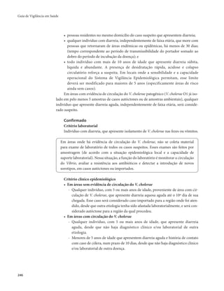 Guia de Vigilância em Saúde 
246 
• pessoas residentes no mesmo domicílio do caso suspeito que apresentem diarreia; 
• qualquer indivíduo com diarreia, independentemente de faixa etária, que more com 
pessoas que retornaram de áreas endêmicas ou epidêmicas, há menos de 30 dias; 
(tempo correspondente ao período de transmissibilidade do portador somado ao 
dobro do período de incubação da doença); e 
• todo indivíduo com mais de 10 anos de idade que apresente diarreia súbita, 
líquida e abundante. A presença de desidratação rápida, acidose e colapso 
circulatório reforça a suspeita. Em locais onde a sensibilidade e a capacidade 
operacional do Sistema de Vigilância Epidemiológica permitam, esse limite 
deverá ser modificado para maiores de 5 anos (especificamente áreas de risco 
ainda sem casos). 
Em áreas com evidência de circulação do V. cholerae patogênico (V. cholerae O1 já iso-lado 
em pelo menos 5 amostras de casos autóctones ou de amostras ambientais), qualquer 
indivíduo que apresente diarreia aguda, independentemente de faixa etária, será conside-rado 
suspeito. 
Confirmado 
Critério laboratorial 
Indivíduo com diarreia, que apresente isolamento de V. cholerae nas fezes ou vômitos. 
Em áreas onde há evidência de circulação do V. cholerae, não se coleta material 
para exame de laboratório de todos os casos suspeitos. Esses exames são feitos por 
amostragem (de acordo com a situação epidemiológica local e a capacidade de 
suporte laboratorial). Nessa situação, a função do laboratório é monitorar a circulação 
do Vibrio, avaliar a resistência aos antibióticos e detectar a introdução de novos 
sorotipos, em casos autóctones ou importados. 
Critério clínico epidemiológico 
• Em áreas sem evidência de circulação do V. cholerae 
- Qualquer indivíduo, com 5 ou mais anos de idade, proveniente de área com cir-culação 
de V. cholerae, que apresente diarreia aquosa aguda até o 10º dia de sua 
chegada. Esse caso será considerado caso importado para a região onde foi aten-dido, 
desde que outra etiologia tenha sido afastada laboratorialmente, e será con-siderado 
autóctone para a região da qual procedeu. 
• Em áreas com circulação do V. cholerae 
- Qualquer indivíduo, com 5 ou mais anos de idade, que apresente diarreia 
aguda, desde que não haja diagnóstico clínico e/ou laboratorial de outra 
etiologia. 
- Menores de 5 anos de idade que apresentem diarreia aguda e história de contato 
com caso de cólera, num prazo de 10 dias, desde que não haja diagnóstico clínico 
e/ou laboratorial de outra doença. 
 
