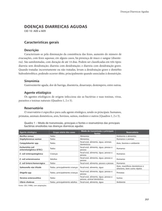 Doenças Diarreicas Agudas 
257 
DOENÇAS DIARREICAS AGUDAS 
CID 10: A00 a A09 
Características gerais 
Descrição 
Caracterizam-se pela diminuição da consistência das fezes, aumento do número de 
evacuações, com fezes aquosas; em alguns casos, há presença de muco e sangue (disente-ria). 
São autolimitadas, com duração de até 14 dias. Podem ser classificadas em três tipos: 
diarreia sem desidratação; diarreia com desidratação; e diarreia com desidratação grave. 
Quando tratadas incorretamente ou não tratadas, levam a desidratação grave e distúrbio 
hidroeletrolítico, podendo ocorrer óbito, principalmente quando associadas à desnutrição. 
Sinonímia 
Gastroenterite aguda, dor de barriga, disenteria, desarranjo, destempero, entre outras. 
Agente etiológico 
Os agentes etiológicos de origem infecciosa são as bactérias e suas toxinas, vírus, 
parasitos e toxinas naturais (Quadros 1, 2 e 3). 
Reservatório 
O reservatório é específico para cada agente etiológico, sendo os principais: humanos, 
primatas, animais domésticos, aves, bovinos, suínos, roedores e outros (Quadros 1, 2 e 3). 
Quadro 1 – Modo de transmissão, principais e fontes e reservatórios das principais 
bactérias envolvidas nas doenças diarreicas agudas 
Agente etiológico Grupo etário dos casos Modo de transmissão e principais 
fontes Reservatório 
Bacillus cereus Todos Alimentos Ambiente e alimentos 
Staphylococcus aureus Todos Alimentos Humanos e animais 
Campylobacter spp. Todos Fecal-oral, alimento, água, animais 
domésticos Aves, bovinos e ambiente 
Escherichia coli 
enterotoxigênica (ETEC) Todos Fecal-oral, alimento, água, pessoa a 
pessoa Humanos 
E. coli enteropatogênica Crianças Fecal-oral, alimento, água, pessoa a 
pessoa Humanos 
E. coli enteroinvasiva Adultos Fecal-oral, alimento, água, pessoa a 
pessoa Humanos 
E. coli êntero-hemorrágica Todos Fecal-oral, alimento, pessoa a pessoa Humanos 
Salmonella não tifoide Todos, principalmente crianças Fecal-oral, alimento, água Aves, mamíferos domésticos e 
silvestres, bem como répteis 
Shigella spp Todos, principalmente crianças Fecal-oral, alimento, água, pessoa a 
pessoa Primatas 
Yersinia enterocolitica Todos Fecal-oral, alimento, água, pessoa a 
pessoa, animal doméstico Suínos 
Vibrio cholerae Todos, principalmente adultos Fecal-oral, alimento, água Ambiente 
Fonte: CDC (1990), com adaptações. 
 