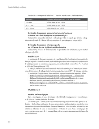 Guia de Vigilância em Saúde 
304 
Quadro 6 – Contagem de linfócitos T CD4+ de acordo com a idade da criança 
Faixa etária Contagem de linfócitos T CD4+ (% do total de linfócitos) 
<12 meses <1.500 células por mm3 (<25%) 
De 1 a 5 anos <1.000 células por mm3 (<25%) 
De 6 a 12 anos <500 células por mm3 (<25%) 
Definição de casos de gestante/parturiente/puérpera 
com HIV para fins de vigilância epidemiológica 
Toda mulher em que for detectada a infecção por HIV, ou aquela que já tenha o diag-nóstico 
confirmado de HIV ou aids, no momento da gestação, parto, ou puerpério. 
Definição de casos de criança exposta 
ao HIV para fins de vigilância epidemiológica 
Toda criança nascida de mãe infectada, ou que tenha sido amamentada por mulher 
infectada pelo HIV. 
Notificação 
A notificação de doenças constantes da Lista Nacional de Notificação Compulsória de 
doenças, agravos e eventos de saúde pública é obrigatória aos médicos e outros profissionais 
de saúde que atuam na assistência ao paciente, em conformidade com os Arts. 7º e 8º da Lei 
nº 6.259, de 30 de outubro de 1975. 
A infecção pelo HIV está incluída na Lista Nacional de Doenças de Notificação Compul-sória, 
além dos casos de aids, gestantes/parturientes/puérperas com HIV e de crianças expostas. 
A notificação é registrada no Sinan mediante o preenchimento das seguintes fichas: 
• Ficha de Notificação/Investigação de Aids em Pacientes com 13 anos ou mais; 
• Ficha de Notificação/Investigação de Aids em Pacientes Menores de 13 anos; 
• Ficha de Notificação/Investigação de Criança Exposta ao HIV; e 
• Ficha de Investigação de Gestante HIV+, utilizada para notificar casos de gestante, 
parturiente e puérpera. 
Investigação 
Roteiro da investigação 
Para a investigação de casos de infecção pelo HIV/aids é indispensável o preenchimen-to 
de todos os campos das fichas do Sinan. 
As informações a serem coletadas durante a investigação incluem dados gerais do in-divíduo 
e do local de notificação do caso, antecedentes epidemiológicos com ênfase nos 
comportamentos e vulnerabilidades, dados de laboratório, e outros dados relacionados ao 
critério de definição de caso, ao tratamento e à evolução do caso. Para a investigação de 
casos em crianças menores de 13 anos de idade, coletar os antecedentes epidemiológicos da 
mãe do individuo. 
 