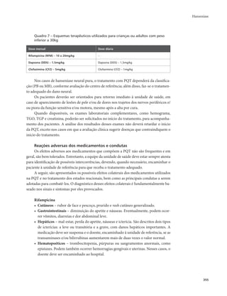 Hanseníase 
355 
Quadro 7 – Esquemas terapêuticos utilizados para crianças ou adultos com peso 
inferior a 30kg 
Dose mensal Dose diária 
Rifampicina (RFM) – 10 a 20mg/kg – 
Dapsona (DDS) – 1,5mg/kg Dapsona (DDS) – 1,5mg/kg 
Clofazimina (CFZ) – 5mg/kg Clofazimina (CFZ) – 1mg/kg 
Nos casos de hanseníase neural pura, o tratamento com PQT dependerá da classifica-ção 
(PB ou MB), conforme avaliação do centro de referência; além disso, faz-se o tratamen-to 
adequado do dano neural. 
Os pacientes deverão ser orientados para retorno imediato à unidade de saúde, em 
caso de aparecimento de lesões de pele e/ou de dores nos trajetos dos nervos periféricos e/ 
ou piora da função sensitiva e/ou motora, mesmo após a alta por cura. 
Quando disponíveis, os exames laboratoriais complementares, como hemograma, 
TGO, TGP e creatinina, poderão ser solicitados no início do tratamento, para acompanha-mento 
dos pacientes. A análise dos resultados desses exames não deverá retardar o início 
da PQT, exceto nos casos em que a avaliação clínica sugerir doenças que contraindiquem o 
início do tratamento. 
Reações adversas dos medicamentos e condutas 
Os efeitos adversos aos medicamentos que compõem a PQT não são frequentes e em 
geral, são bem tolerados. Entretanto, a equipe da unidade de saúde deve estar sempre atenta 
para identificação de possíveis intercorrências, devendo, quando necessário, encaminhar o 
paciente à unidade de referência para que receba o tratamento adequado. 
A seguir, são apresentados os possíveis efeitos colaterais dos medicamentos utilizados 
na PQT e no tratamento dos estados reacionais, bem como as principais condutas a serem 
adotadas para combatê-los. O diagnóstico desses efeitos colaterais é fundamentalmente ba-seado 
nos sinais e sintomas por eles provocados. 
Rifampicina 
• Cutâneos – rubor de face e pescoço, prurido e rash cutâneo generalizado. 
• Gastrointestinais – diminuição do apetite e náuseas. Eventualmente, podem ocor-rer 
vômitos, diarreias e dor abdominal leve. 
• Hepáticos – mal-estar, perda do apetite, náuseas e icterícia. São descritos dois tipos 
de icterícias: a leve ou transitória e a grave, com danos hepáticos importantes. A 
medicação deve ser suspensa e o doente, encaminhado à unidade de referência, se as 
transaminases e/ou bilirrubinas aumentarem mais de duas vezes o valor normal. 
• Hematopoéticos – trombocitopenia, púrpuras ou sangramentos anormais, como 
epistaxes. Podem também ocorrer hemorragias gengivais e uterinas. Nesses casos, o 
doente deve ser encaminhado ao hospital. 
 
