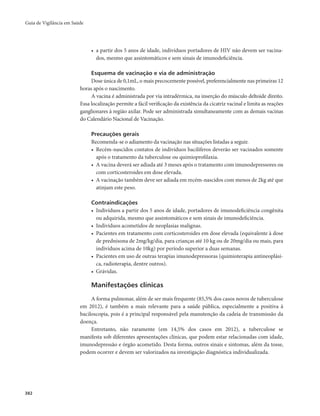 Guia de Vigilância em Saúde 
382 
• a partir dos 5 anos de idade, indivíduos portadores de HIV não devem ser vacina-dos, 
mesmo que assintomáticos e sem sinais de imunodeficiência. 
Esquema de vacinação e via de administração 
Dose única de 0,1mL, o mais precocemente possível, preferencialmente nas primeiras 12 
horas após o nascimento. 
A vacina é administrada por via intradérmica, na inserção do músculo deltoide direito. 
Essa localização permite a fácil verificação da existência da cicatriz vacinal e limita as reações 
ganglionares à região axilar. Pode ser administrada simultaneamente com as demais vacinas 
do Calendário Nacional de Vacinação. 
Precauções gerais 
Recomenda-se o adiamento da vacinação nas situações listadas a seguir. 
• Recém-nascidos contatos de indivíduos bacilíferos deverão ser vacinados somente 
após o tratamento da tuberculose ou quimioprofilaxia. 
• A vacina deverá ser adiada até 3 meses após o tratamento com imunodepressores ou 
com corticosteroides em dose elevada. 
• A vacinação também deve ser adiada em recém-nascidos com menos de 2kg até que 
atinjam este peso. 
Contraindicações 
• Indivíduos a partir dos 5 anos de idade, portadores de imunodeficiência congênita 
ou adquirida, mesmo que assintomáticos e sem sinais de imunodeficiência. 
• Indivíduos acometidos de neoplasias malignas. 
• Pacientes em tratamento com corticosteroides em dose elevada (equivalente à dose 
de prednisona de 2mg/kg/dia, para crianças até 10 kg ou de 20mg/dia ou mais, para 
indivíduos acima de 10kg) por período superior a duas semanas. 
• Pacientes em uso de outras terapias imunodepressoras (quimioterapia antineoplási-ca, 
radioterapia, dentre outros). 
• Grávidas. 
Manifestações clínicas 
A forma pulmonar, além de ser mais frequente (85,5% dos casos novos de tuberculose 
em 2012), é também a mais relevante para a saúde pública, especialmente a positiva à 
baciloscopia, pois é a principal responsável pela manutenção da cadeia de transmissão da 
doença. 
Entretanto, não raramente (em 14,5% dos casos em 2012), a tuberculose se 
manifesta sob diferentes apresentações clínicas, que podem estar relacionadas com idade, 
imunodepressão e órgão acometido. Desta forma, outros sinais e sintomas, além da tosse, 
podem ocorrer e devem ser valorizados na investigação diagnóstica individualizada. 
 
