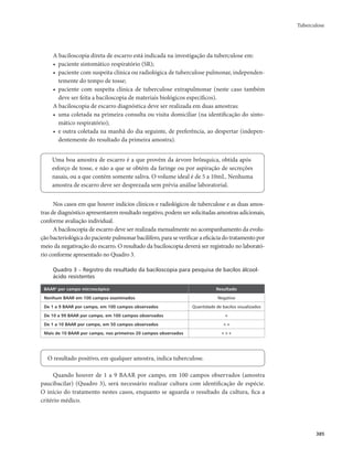 Tuberculose 
385 
A baciloscopia direta de escarro está indicada na investigação da tuberculose em: 
• paciente sintomático respiratório (SR); 
• paciente com suspeita clínica ou radiológica de tuberculose pulmonar, independen-temente 
do tempo de tosse; 
• paciente com suspeita clínica de tuberculose extrapulmonar (neste caso também 
deve ser feita a baciloscopia de materiais biológicos específicos). 
A baciloscopia de escarro diagnóstica deve ser realizada em duas amostras: 
• uma coletada na primeira consulta ou visita domiciliar (na identificação do sinto-mático 
respiratório); 
• e outra coletada na manhã do dia seguinte, de preferência, ao despertar (indepen-dentemente 
do resultado da primeira amostra). 
Uma boa amostra de escarro é a que provém da árvore brônquica, obtida após 
esforço de tosse, e não a que se obtém da faringe ou por aspiração de secreções 
nasais, ou a que contém somente saliva. O volume ideal é de 5 a 10mL. Nenhuma 
amostra de escarro deve ser desprezada sem prévia análise laboratorial. 
Nos casos em que houver indícios clínicos e radiológicos de tuberculose e as duas amos-tras 
de diagnóstico apresentarem resultado negativo, podem ser solicitadas amostras adicionais, 
conforme avaliação individual. 
A baciloscopia de escarro deve ser realizada mensalmente no acompanhamento da evolu-ção 
bacteriológica do paciente pulmonar bacilífero, para se verificar a eficácia do tratamento por 
meio da negativação do escarro. O resultado da baciloscopia deverá ser registrado no laborató-rio 
conforme apresentado no Quadro 3. 
Quadro 3 – Registro do resultado da baciloscopia para pesquisa de bacilos álcool-ácido 
resistentes 
BAARa por campo microscópico Resultado 
Nenhum BAAR em 100 campos examinados Negativo 
De 1 a 9 BAAR por campo, em 100 campos observados Quantidade de bacilos visualizados 
De 10 a 99 BAAR por campo, em 100 campos observados + 
De 1 a 10 BAAR por campo, em 50 campos observados ++ 
Mais de 10 BAAR por campo, nos primeiros 20 campos observados +++ 
O resultado positivo, em qualquer amostra, indica tuberculose. 
Quando houver de 1 a 9 BAAR por campo, em 100 campos observados (amostra 
paucibacilar) (Quadro 3), será necessário realizar cultura com identificação de espécie. 
O início do tratamento nestes casos, enquanto se aguarda o resultado da cultura, fica a 
critério médico. 
 