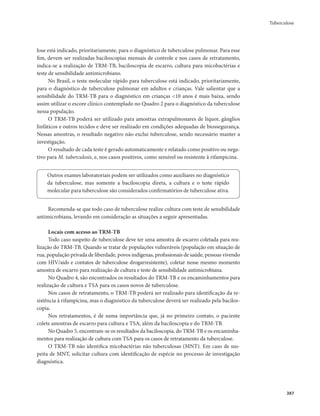 Tuberculose 
387 
lose está indicado, prioritariamente, para o diagnóstico de tuberculose pulmonar. Para esse 
fim, devem ser realizadas baciloscopias mensais de controle e nos casos de retratamento, 
indica-se a realização de TRM-TB, baciloscopia de escarro, cultura para micobactérias e 
teste de sensibilidade antimicrobiano. 
No Brasil, o teste molecular rápido para tuberculose está indicado, prioritariamente, 
para o diagnóstico de tuberculose pulmonar em adultos e crianças. Vale salientar que a 
sensibilidade do TRM-TB para o diagnóstico em crianças <10 anos é mais baixa, sendo 
assim utilizar o escore clínico contemplado no Quadro 2 para o diagnóstico da tuberculose 
nessa população. 
O TRM-TB poderá ser utilizado para amostras extrapulmonares de líquor, gânglios 
linfáticos e outros tecidos e deve ser realizado em condições adequadas de biossegurança. 
Nessas amostras, o resultado negativo não exclui tuberculose, sendo necessário manter a 
investigação. 
O resultado de cada teste é gerado automaticamente e relatado como positivo ou nega-tivo 
para M. tuberculosis, e, nos casos positivos, como sensível ou resistente à rifampicina. 
Outros exames laboratoriais podem ser utilizados como auxiliares no diagnóstico 
da tuberculose, mas somente a baciloscopia direta, a cultura e o teste rápido 
molecular para tuberculose são considerados confirmatórios de tuberculose ativa. 
Recomenda-se que todo caso de tuberculose realize cultura com teste de sensibilidade 
antimicrobiana, levando em consideração as situações a seguir apresentadas. 
Locais com acesso ao TRM-TB 
Todo caso suspeito de tuberculose deve ter uma amostra de escarro coletada para rea-lização 
do TRM-TB. Quando se tratar de populações vulneráveis (população em situação de 
rua, população privada de liberdade, povos indígenas, profissionais de saúde, pessoas vivendo 
com HIV/aids e contatos de tuberculose drogarresistente), coletar nesse mesmo momento 
amostra de escarro para realização de cultura e teste de sensibilidade antimicrobiana. 
No Quadro 4, são encontrados os resultados do TRM-TB e os encaminhamentos para 
realização de cultura e TSA para os casos novos de tuberculose. 
Nos casos de retratamento, o TRM-TB poderá ser realizado para identificação da re-sistência 
à rifampicina, mas o diagnóstico da tuberculose deverá ser realizado pela bacilos-copia. 
Nos retratamentos, é de suma importância que, já no primeiro contato, o paciente 
colete amostras de escarro para cultura e TSA, além da baciloscopia e do TRM-TB. 
No Quadro 5, encontram-se os resultados da baciloscopia, do TRM-TB e os encaminha-mentos 
para realização de cultura com TSA para os casos de retratamento da tuberculose. 
O TRM-TB não identifica micobactérias não tuberculosas (MNT). Em caso de sus-peita 
de MNT, solicitar cultura com identificação de espécie no processo de investigação 
diagnóstica. 
 