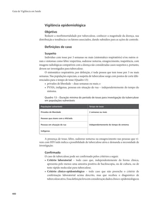 Guia de Vigilância em Saúde 
400 
Vigilância epidemiológica 
Objetivo 
Reduzir a morbimortalidade por tuberculose, conhecer a magnitude da doença, sua 
distribuição e tendência e os fatores associados, dando subsídios para as ações de controle. 
Definições de caso 
Suspeito 
Indivíduo com tosse por 3 semanas ou mais (sintomático respiratório) e/ou outros si-nais 
e sintomas como febre vespertina, sudorese noturna, emagrecimento, inapetência, com 
imagens radiológicas compatíveis com a doença são consideradas casos suspeitos e, portanto, 
devem ser investigados para tuberculose. 
O sintomático respiratório, por definição, é toda pessoa que tem tosse por 3 ou mais 
semanas. Nas populações especiais, a suspeita de tuberculose surge com pontos de corte dife-renciados 
para o tempo de tosse (Quadro 13): 
• privados de liberdade – duas semanas ou mais; e 
• PVHA, indígenas, pessoas em situação de rua – independentemente do tempo do 
sintoma. 
Quadro 13 – Duração mínima do período de tosse para investigação da tuberculose 
em populações vulneráveis 
Populações vulneráveis Tempo de tosse 
Privados de liberdade 2 semanas ou mais 
Pessoas que vivem com o HIV/aids 
Pessoas em situação de rua Independentemente do tempo de sintoma 
Indígenas 
A presença de tosse, febre, sudorese noturna ou emagrecimento nas pessoas que vi-vem 
com HIV/aids indica a possibilidade de tuberculose ativa e demanda a necessidade de 
investigação. 
Confirmado 
O caso de tuberculose pode ser confirmado pelos critérios a seguir. 
• Critério laboratorial – todo caso que, independentemente da forma clínica, 
apresenta pelo menos uma amostra positiva de baciloscopia, ou de cultura, ou de 
teste rápido molecular para tuberculose. 
• Critério clínico-epidemiológico – todo caso que não preenche o critério de 
confirmação laboratorial acima descrito, mas que recebeu o diagnóstico de 
tuberculose ativa. Essa definição leva em consideração dados clínico-epidemiológicos 
 