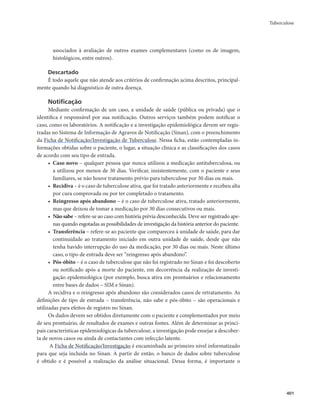 Tuberculose 
401 
associados à avaliação de outros exames complementares (como os de imagem, 
histológicos, entre outros). 
Descartado 
É todo aquele que não atende aos critérios de confirmação acima descritos, principal-mente 
quando há diagnóstico de outra doença. 
Notificação 
Mediante confirmação de um caso, a unidade de saúde (pública ou privada) que o 
identifica é responsável por sua notiﬁcação. Outros serviços também podem notificar o 
caso, como os laboratórios. A notificação e a investigação epidemiológica devem ser regis-tradas 
no Sistema de Informação de Agravos de Notificação (Sinan), com o preenchimento 
da Ficha de Notificação/Investigação de Tuberculose. Nessa ficha, estão contempladas in-formações 
obtidas sobre o paciente, o lugar, a situação clínica e as classificações dos casos 
de acordo com seu tipo de entrada. 
• Caso novo – qualquer pessoa que nunca utilizou a medicação antituberculosa, ou 
a utilizou por menos de 30 dias. Verificar, insistentemente, com o paciente e seus 
familiares, se não houve tratamento prévio para tuberculose por 30 dias ou mais. 
• Recidiva – é o caso de tuberculose ativa, que foi tratado anteriormente e recebeu alta 
por cura comprovada ou por ter completado o tratamento. 
• Reingresso após abandono – é o caso de tuberculose ativa, tratado anteriormente, 
mas que deixou de tomar a medicação por 30 dias consecutivos ou mais. 
• Não sabe – refere-se ao caso com história prévia desconhecida. Deve ser registrado ape-nas 
quando esgotadas as possibilidades de investigação da história anterior do paciente. 
• Transferência – refere-se ao paciente que compareceu à unidade de saúde, para dar 
continuidade ao tratamento iniciado em outra unidade de saúde, desde que não 
tenha havido interrupção do uso da medicação, por 30 dias ou mais. Neste último 
caso, o tipo de entrada deve ser “reingresso após abandono”. 
• Pós-óbito – é o caso de tuberculose que não foi registrado no Sinan e foi descoberto 
ou notificado após a morte do paciente, em decorrência da realização de investi-gação 
epidemiológica (por exemplo, busca ativa em prontuários e relacionamento 
entre bases de dados – SIM e Sinan). 
A recidiva e o reingresso após abandono são considerados casos de retratamento. As 
definições de tipo de entrada – transferência, não sabe e pós-óbito – são operacionais e 
utilizadas para efeitos de registro no Sinan. 
Os dados devem ser obtidos diretamente com o paciente e complementados por meio 
de seu prontuário, de resultados de exames e outras fontes. Além de determinar as princi-pais 
características epidemiológicas da tuberculose, a investigação pode ensejar a descober-ta 
de novos casos ou ainda de contactantes com infecção latente. 
A Ficha de Notificação/Investigação é encaminhada ao primeiro nível informatizado 
para que seja incluída no Sinan. A partir de então, o banco de dados sobre tuberculose 
é obtido e é possível a realização da análise situacional. Dessa forma, é importante o 
 