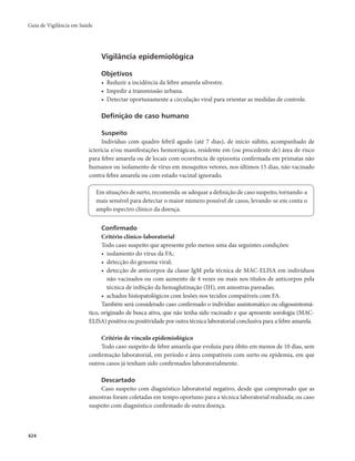 Guia de Vigilância em Saúde 
424 
Vigilância epidemiológica 
Objetivos 
• Reduzir a incidência da febre amarela silvestre. 
• Impedir a transmissão urbana. 
• Detectar oportunamente a circulação viral para orientar as medidas de controle. 
Definição de caso humano 
Suspeito 
Indivíduo com quadro febril agudo (até 7 dias), de início súbito, acompanhado de 
icterícia e/ou manifestações hemorrágicas, residente em (ou procedente de) área de risco 
para febre amarela ou de locais com ocorrência de epizootia confirmada em primatas não 
humanos ou isolamento de vírus em mosquitos vetores, nos últimos 15 dias, não vacinado 
contra febre amarela ou com estado vacinal ignorado. 
Em situações de surto, recomenda-se adequar a definição de caso suspeito, tornando-a 
mais sensível para detectar o maior número possível de casos, levando-se em conta o 
amplo espectro clínico da doença. 
Confirmado 
Critério clínico-laboratorial 
Todo caso suspeito que apresente pelo menos uma das seguintes condições: 
• isolamento do vírus da FA; 
• detecção do genoma viral; 
• detecção de anticorpos da classe IgM pela técnica de MAC-ELISA em indivíduos 
não vacinados ou com aumento de 4 vezes ou mais nos títulos de anticorpos pela 
técnica de inibição da hemaglutinação (IH), em amostras pareadas; 
• achados histopatológicos com lesões nos tecidos compatíveis com FA. 
Também será considerado caso confirmado o indivíduo assintomático ou oligossintomá-tico, 
originado de busca ativa, que não tenha sido vacinado e que apresente sorologia (MAC-ELISA) 
positiva ou positividade por outra técnica laboratorial conclusiva para a febre amarela. 
Critério de vínculo epidemiológico 
Todo caso suspeito de febre amarela que evoluiu para óbito em menos de 10 dias, sem 
confirmação laboratorial, em período e área compatíveis com surto ou epidemia, em que 
outros casos já tenham sido confirmados laboratorialmente. 
Descartado 
Caso suspeito com diagnóstico laboratorial negativo, desde que comprovado que as 
amostras foram coletadas em tempo oportuno para a técnica laboratorial realizada; ou caso 
suspeito com diagnóstico confirmado de outra doença. 
 