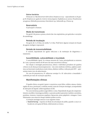 Guia de Vigilância em Saúde 
56 
Outras bactérias 
Destacam-se: Mycobacterium tuberculosis; Streptococcus sp. – especialmente os do gru-po 
B; Streptococcus agalactie; Listeria monocytogenes; Staphylococcus aureus; Pseudomonas 
aeruginosa; Klebsiella pneumoniae; Enterobacter sp.; Salmonella sp.; Proteus sp. 
Reservatório 
O principal é o homem. 
Modo de transmissão 
Em geral é de pessoa a pessoa, através das vias respiratórias, por gotículas e secreções 
da nasofaringe. 
Período de incubação 
Em geral, de 2 a 10 dias, em média 3 a 4 dias. Pode haver alguma variação em função 
do agente etiológico responsável. 
Período de transmissibilidade 
É variável, dependendo do agente infeccioso e da instituição do diagnóstico e 
tratamento. 
Suscetibilidade, vulnerabilidade e imunidade 
A suscetibilidade é geral. As crianças menores de 5 anos, principalmente as menores 
de 1 ano, e pessoas maiores de 60 anos são mais suscetíveis à doença. 
Em relação à meningite pneumocócica, idosos e indivíduos portadores de quadros 
crônicos ou de doenças imunossupressoras – tais como síndrome nefrótica, asplenia anatô-mica 
ou funcional, insuficiência renal crônica, diabetes mellitus e infecção pelo HIV – apre-sentam 
maior risco de adoecimento. 
No caso do pneumococo, H. influenzae sorotipo b e M. tuberculosis a imunidade é 
conferida por meio de vacinação específica. 
Manifestações clínicas 
O quadro clínico, em geral, é grave e caracteriza-se por febre, cefaleia, náusea, vômito, 
rigidez de nuca, prostração e confusão mental, sinais de irritação meníngea, acompanhadas 
de alterações do líquido cefalorraquidiano (LCR). 
No curso da doença podem surgir delírio e coma. Dependendo do grau de comprome-timento 
encefálico (meningoencefalite), o paciente poderá apresentar também convulsões, 
paralisias, tremores, transtornos pupilares, hipoacusia, ptose palpebral e nistagmo. Casos 
fulminantes com sinais de choque também podem ocorrer. 
A irritação meníngea associa-se aos seguintes sinais: 
• Sinal de Kernig – resposta em flexão da articulação do joelho, quando a coxa é co-locada 
em certo grau de flexão, relativamente ao tronco. 
 