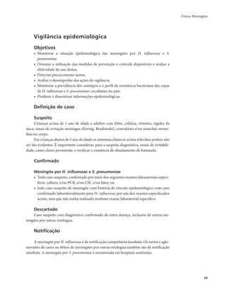 Outras Meningites 
69 
Vigilância epidemiológica 
Objetivos 
• Monitorar a situação epidemiológica das meningites por H. influenzae e S. 
penumoniae. 
• Orientar a utilização das medidas de prevenção e controle disponíveis e avaliar a 
efetividade do uso destas. 
• Detectar precocemente surtos. 
• Avaliar o desempenho das ações de vigilância. 
• Monitorar a prevalência dos sorotipos e o perfil da resistência bacteriana das cepas 
de H. influenzae e S. pneumoniae circulantes no país. 
• Produzir e disseminar informações epidemiológicas. 
Definição de caso 
Suspeito 
Crianças acima de 1 ano de idade e adultos com febre, cefaleia, vômitos, rigidez da 
nuca, sinais de irritação meníngea (Kernig, Brudzinski), convulsões e/ou manchas verme-lhas 
no corpo. 
Em crianças abaixo de 1 ano de idade os sintomas clássicos acima referidos podem não 
ser tão evidentes. É importante considerar, para a suspeita diagnóstica, sinais de irritabili-dade, 
como choro persistente, e verificar a existência de abaulamento de fontanela. 
Confirmado 
Meningite por H. influenzae e S. pneumoniae 
• Todo caso suspeito, confirmado por meio dos seguintes exames laboratoriais especí-ficos: 
cultura, e/ou PCR, e/ou CIE, e/ou látex; ou 
• todo caso suspeito de meningite com história de vínculo epidemiológico com caso 
confirmado laboratorialmente para H. influenzae por um dos exames especificados 
acima, mas que não tenha realizado nenhum exame laboratorial específico. 
Descartado 
Caso suspeito com diagnóstico confirmado de outra doença, inclusive de outras me-ningites 
por outras etiologias. 
Notificação 
A meningite por H. influenzae é de notificação compulsória imediata. Os surtos e aglo-merados 
de casos ou óbitos de meningites por outras etiologias também são de notificação 
imediata. A meningite por S. pneumoniae é monitorada em hospitais sentinelas. 
 