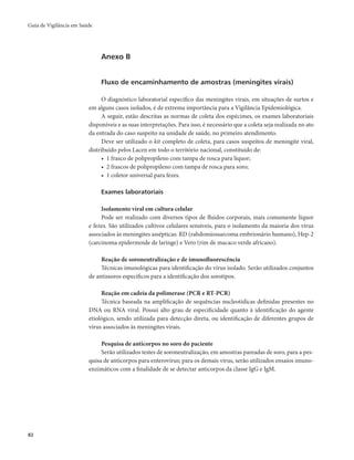 Guia de Vigilância em Saúde 
82 
Anexo B 
Fluxo de encaminhamento de amostras (meningites virais) 
O diagnóstico laboratorial específico das meningites virais, em situações de surtos e 
em alguns casos isolados, é de extrema importância para a Vigilância Epidemiológica. 
A seguir, estão descritas as normas de coleta dos espécimes, os exames laboratoriais 
disponíveis e as suas interpretações. Para isso, é necessário que a coleta seja realizada no ato 
da entrada do caso suspeito na unidade de saúde, no primeiro atendimento. 
Deve ser utilizado o kit completo de coleta, para casos suspeitos de meningite viral, 
distribuído pelos Lacen em todo o território nacional, constituído de: 
• 1 frasco de polipropileno com tampa de rosca para líquor; 
• 2 frascos de polipropileno com tampa de rosca para soro; 
• 1 coletor universal para fezes. 
Exames laboratoriais 
Isolamento viral em cultura celular 
Pode ser realizado com diversos tipos de fluidos corporais, mais comumente líquor 
e fezes. São utilizados cultivos celulares sensíveis, para o isolamento da maioria dos vírus 
associados às meningites assépticas: RD (rabdomiossarcoma embrionário humano), Hep-2 
(carcinoma epidermoide de laringe) e Vero (rim de macaco verde africano). 
Reação de soroneutralização e de imunofluorescência 
Técnicas imunológicas para identificação do vírus isolado. Serão utilizados conjuntos 
de antissoros específicos para a identificação dos sorotipos. 
Reação em cadeia da polimerase (PCR e RT-PCR) 
Técnica baseada na amplificação de sequências nucleotídicas definidas presentes no 
DNA ou RNA viral. Possui alto grau de especificidade quanto à identificação do agente 
etiológico, sendo utilizada para detecção direta, ou identificação de diferentes grupos de 
vírus associados às meningites virais. 
Pesquisa de anticorpos no soro do paciente 
Serão utilizados testes de soroneutralização, em amostras pareadas de soro, para a pes-quisa 
de anticorpos para enterovírus; para os demais vírus, serão utilizados ensaios imuno-enzimáticos 
com a finalidade de se detectar anticorpos da classe IgG e IgM. 
 