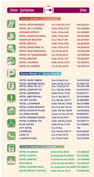 Zona Centro y Chapinero

HOTEL INTER BOGOTÁ     Cra.3 No.20-17/21       Tel.2433747
HOTEL DE LA OPERA      Calle 10 No.5-72        Tel.3362066
OCEANÍA HOTELS         Calle 14 No.4-48        Tel.3420560
HOTEL DANN COLONIAL    Calle 14 No.4-21        Tel.2814358
QUINTA DE BOLÍVAR      Cra. 4 No.17-59         Tel.3375721
HOTEL BACATÁ           Calle 19 No.5-20        Tel.2838300
HOTEL DANN AVDA.19     Calle 19 No.5-72        Tel.2840100
HOTEL SAN FRANCISCO    Cra.10 No.23-63         Tel.2823369
HOTEL CP TEQUENDAMA    Cra.10 No.26-21         Tel.3820300
HOTEL MASTER           Calle 34 No.7-87        Tel.2887007
HOTEL LOURDES          Calle 63 No.15-61       Tel.2553613
HOTEL EL CAMPÍN        Cra.25 No.52-35         Tel.3491616




HOTEL SAINT SIMON      Cra.14 No.81-34         Tel.6218188
HOTEL BOHEME ROYAL     Calle 82 No.12-35       Tel.6447132
HOTEL REAL DE LA T     Cra. 13 No.83-19        Tel.2181188
HOTEL CONFORT 80       Cra. 16A No.79-85       Tel.6101678
HOTEL MORRISON         Calle 84 No.13-54       Tel.6223111
HOTEL BRETON HILL      Cra.11 No.93A 37        Tel.6215409
104 ART SUITES         Cra.18A No.104-77       Tel.6025959
HOTEL LE MANOIR        Calle 105 No.17A82      Tel.2133980
HOTEL EGINA BOGOTÁ     Cra.14 A No.119-16      Tel.6371610
HOTEL BOGOTÁ PLAZA     Calle 100 No.18A30      Tel.6322240
101 PARK HOUSE         Transv.21 No.101-10     Tel.6000101
HOTEL WINSOR HOUSE     Calle 95 No.9-97        Tel.6343630
HOTEL COSMOS 100       Calle 100 No.21A41      Tel.6467771
BLUE SUITES            Calle 93 No.17-42       Tel.7452222
CITY HOTEL             Cra.15 No.              Tel.
LE MIRAGE              Cra.14A No.102-12       Tel.6103036
LAGO 76                Cra.15 No.76-15         Tel.2360725
LAGUNA PLAZA           Cra.15 No.74-84         Tel.2172048




HOTEL PLAZA 26         Calle 26 No.38-05       Tel.3689450
HOTEL CAPITAL          Av.Eldorado No.69A51    Tel.4233000
HOTEL HABITEL          Av.Eldorado No.100-97   Tel.4199999
SAN PABLO              Av.El dorado No.38A11 Tel.3694700
HOTEL SANTAFÉ REAL     Av. Esperanza No.42B58 Tel.3686817
HOTEL ROYALTY SUITES   Calle 24A No.43-13      Tel.2446159
 