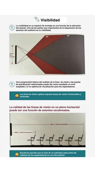 Las línea de visión optima requiere líneas de visión horizontales y
verticales.
Visibilidad
La visibilidad en un espacio de montaje es una función de la ubicación
del asiento. Una de las partes mas importantes de la disposición de los
asientos del auditorio es la visibilidad.
Ancho
de la
pantalla
300
450
Una comprensión básica del análisis de la línea de visión y las pautas
de planificación relacionadas puede dar como resultado un nivel
aceptable ( si no optimo) de visualización para los espectadores.
La calidad de las líneas de visión en un plano horizontal
puede ser una función de asientos escalonados.
Min. 2 altura de pantalla
Max. 8 altura de pantalla
Escalonar permite que la vista de un individuo pase entre las
cabezas de los espectadores en una fila anterior.
 