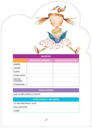 13
IMÁGENES
PERSONAJES FEMENINOS PERSONAJES MASCULINOS
NÚMERO
COLORES
PLANOS
LO QUE HACEN
OBJETOS
ASOCIADOS
ESTEREOTIPOS
ESTRATEGIAS Y RECURSOS
¿ES ADECUADO PARA EL AULA?
NIVEL EDUCATIVO
¿CÓMO?
CONCLUSIONES
¿QUÉ VALORES ENSEÑA EL CUENTO?
 
