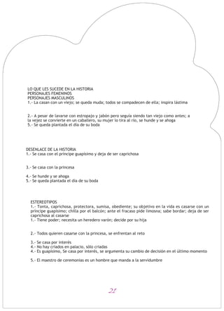 21
LO QUE LES SUCEDE EN LA HISTORIA
PERSONAJES FEMENINOS
PERSONAJES MASCULINOS
1.- La casan con un viejo; se queda muda; todos se compadecen de ella; inspira lástima
2.- A pesar de lavarse con estropajo y jabón pero seguía siendo tan viejo como antes; a
la vejez se convierte en un caballero, su mujer lo tira al río, se hunde y se ahoga
5.- Se queda plantada el día de su boda
DESENLACE DE LA HISTORIA
1.- Se casa con el príncipe guapísimo y deja de ser caprichosa
3.- Se casa con la princesa
4.- Se hunde y se ahoga
5.- Se queda plantada el día de su boda
ESTEREOTIPOS
1.- Tonta, caprichosa, protectora, sumisa, obediente; su objetivo en la vida es casarse con un
príncipe guapísimo; chilla por el balcón; ante el fracaso pide limosna; sabe bordar; deja de ser
caprichosa al casarse
1.- Tiene poder; necesita un heredero varón; decide por su hija
2.- Todos quieren casarse con la princesa, se enfrentan al reto
3.- Se casa por interés
4.- No hay criados en palacio, sólo criadas
4.- Es guapísimo, Se casa por interés, se argumenta su cambio de decisión en el último momento
5.- El maestro de ceremonias es un hombre que manda a la servidumbre
 