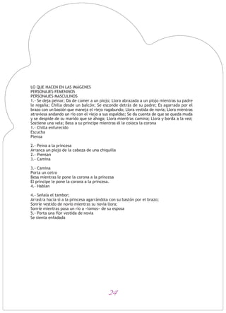 24
LO QUE HACEN EN LAS IMÁGENES
PERSONAJES FEMENINOS
PERSONAJES MASCULINOS
1.- Se deja peinar; Da de comer a un piojo; Llora abrazada a un piojo mientras su padre
le regaña; Chilla desde un balcón; Se esconde detrás de su padre; Es agarrada por el
brazo con un bastón que maneja el viejo vagabundo; Llora vestida de novia; Llora mientras
atraviesa andando un río con el viejo a sus espaldas; Se da cuenta de que se queda muda
y se despide de su marido que se ahoga; Llora mientras camina; Llora y borda a la vez;
Sostiene una vela; Besa a su príncipe mientras él le coloca la corona
1.- Chilla enfurecido
Escucha
Piensa
2.- Peina a la princesa
Arranca un piojo de la cabeza de una chiquilla
2.- Piensan
3.- Camina
3.- Camina
Porta un cetro
Besa mientras le pone la corona a la princesa
El príncipe le pone la corona a la princesa.
4.- Hablan
4.- Señala el tambor;
Arrastra hacia sí a la princesa agarrándola con su bastón por el brazo;
Sonríe vestido de novio mientras su novia llora;
Sonríe mientras pasa un río a «lomos» de su esposa
5.- Porta una flor vestida de novia
Se sienta enfadada
 
