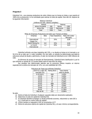 10
Pregunta 3
CobreSud S.A., una empresa productora de cobre chilena que no transa en bolsa y que exporta el
100% de su producción, lo ha contratado para estimar el costo de capital. Para ello Ud. dispone de
la siguiente información:
Balance CobreSud
(millones de USD, valores contables)
Activos Pasivos
Activo Circulante 200 Bonos 1300
Activo Fijo 3100 Patrimonio 2000
Total 3300 Total 3300
Betas de Empresas Productoras de Cobre que Transan en Bolsa
Empresa Beta Tasa Impositiva Ratio D/E (Valor
Mercado)
International
Copper Inc.
1,1 35% 0,90
North Mining Co. 0,9 35% 0,50
Le Cuivre
International
1,3 20% 0,65
CobreSud enfrenta una tasa impositiva del 15%, y su deuda se transa en el mercado a un
92,31% de su valor par ( o valor contable). Por otro lado, un estudio ha determinado que dada la
estructura actual de deuda y patrimonio, el valor de mercado de CobreSud es de 3.500 millones de
USD.
En términos de acceso al mercado de financiamiento, CobreSud tiene clasificación A, por lo
que enfrenta un spread de 113 puntos bases sobre la tasa libre de riesgo.
Sus estudios han determinado además que la economía chilena muestra un retorno
esperado de la cartera de mercado de 12%, con una volatilidad del 10%.
Estructura de Tasas que enfrenta CobreSud
(D/D+E) a valor de
mercado (%)
Rating Bono Tasa Interés
sobre la deuda
0-10 (incl.) AAA 5,28%
10-20 AA 5,28%
20-30 A+ 5,28%
30-40 A 6,13%
40-50 A- 6,38%
50-60 BBB 8,38%
60-70 BB 9,58%
70-80 B 10,12%
80-90 B- 11,58%
Más de 90 CCC 12,88%
Se pide:
a) Estime el beta de CobreSud. (Cualquier supuesto debe ser claramente explicado).
b) Determine el costo de capital de CobreSud SA.
c) Si CobreSud decidiera prepagar su deuda emitiendo acciones, reduciendo su ratio D/E a
0,3, ¿Cuál sería su nuevo costo de capital?.
d) ¿Cómo cambia su respuesta si D/E se incrementa a 0,7?
e) Estime la estructura óptima de capital de CobreSud SA, y el wacc mínimo correspondiente.
 