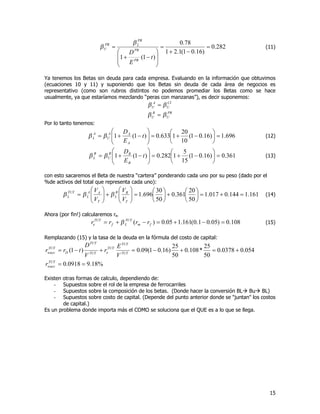15
282.0
)16.01(1.21
78.0
)1(1
=
-+
=
÷
÷
ø
ö
ç
ç
è
æ
-+
=
t
E
D
PB
PB
PB
LPB
U
b
b (11)
Ya tenemos los Betas sin deuda para cada empresa. Evaluando en la información que obtuvimos
(ecuaciones 10 y 11) y suponiendo que los Betas sin deuda de cada área de negocios es
representativo (como son rubros distintos no podemos promediar los Betas como se hace
usualmente, ya que estaríamos mezclando “peras con manzanas”), es decir suponemos:
CI
U
A
U bb =
PB
U
B
U bb =
Por lo tanto tenemos:
696.1)16.01(
10
20
1633.0)1(1 =÷
ø
ö
ç
è
æ
-+=÷÷
ø
ö
çç
è
æ
-+= t
E
D
A
AA
U
A
L bb (12)
361.0)16.01(
15
5
1282.0)1(1 =÷
ø
ö
ç
è
æ
-+=÷÷
ø
ö
çç
è
æ
-+= t
E
D
B
BB
U
B
L bb (13)
con esto sacaremos el Beta de nuestra “cartera” ponderando cada uno por su peso (dado por el
%de activos del total que representa cada uno):
161.1144.0017.1
50
20
361.0
50
30
696.1 =+=÷
ø
ö
ç
è
æ
+÷
ø
ö
ç
è
æ
=÷÷
ø
ö
çç
è
æ
+÷÷
ø
ö
çç
è
æ
=
T
BB
L
T
AA
L
TUT
L
V
V
V
V
bbb (14)
Ahora (por fin!) calcularemos re:
108.0)05.01.0(161.105.0)( =-+=-+= fm
TUT
Lf
TUT
e rrrr b (15)
Remplazando (15) y la tasa de la deuda en la fórmula del costo de capital:
%18.90918.0
054.00378.0
50
25
*108.0
50
25
)16.01(09.0)1(
==
+=+-=+-=
TUT
wacc
TUT
TUT
TUT
eTUT
TUT
D
TUT
wacc
r
V
E
r
V
D
trr
Existen otras formas de calculo, dependiendo de:
- Supuestos sobre el rol de la empresa de ferrocarriles
- Supuestos sobre la composición de los betas. (Donde hacer la conversión BLà Buà BL)
- Supuestos sobre costo de capital. (Depende del punto anterior donde se "juntan" los costos
de capital.)
Es un problema donde importa más el COMO se soluciona que el QUE es a lo que se llega.
 