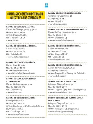 110

 CÁMARAS DE COMERCIO INTERNACIO-
                      INTERNACIO-                  CÁMARA DE COMERCIO HISPANO INDIA
                                                   Rambla dels Caputxins, 42
   NALES
   NALES Y OFICINAS COMERCIALES                    TEL : +34 93 318 84 41
                                                   METRO : Liceu L3
                                                     www.indospan.com
CÁMARA DE COMERCIO ALEMANA
Carrer de Còrsega, 301-303, 3r 2a                  CÁMARA DE COMERCIO HISPANO FINLANDESA
TEL : +34 93 415 54 44                             Carrer de Puig i Xorriguer, 15, 1r
METRO : Diagonal L3 L5                             TEL : +34 93 474 11 60
FGC : Provença L6 L7                               METRO : Drassanes L3
  www.ahk.es                                         www.camarafinlandesa.com

CÁMARA DE COMERCIO AMERICANA                       CÁMARA DE COMERCIO HISPANO RUSA
Carrer Tuset, 10, 1r 2a                            Carrer de Balmes, 182
TEL : +34 93 415 99 63                             TEL : +34 93 218 72 95
FGC : Gràcia L6 L7                                 METRO : Diagonal L3 L5
  www.amchamspain.com                              FGC : Gràcia L6 L7
                                                     www.hispanorusa.com
CÁMARA DE COMERCIO BRITÁNICA
Carrer Bruc, 21, 1r 4a                             CÁMARA DE COMERCIO HISPANO SUECA
TEL : +34 93 317 32 20                             Carrer de Mallorca, 279, 4t 3a
METRO : Urquinaona L1 L4                           TEL : +34 93 488 05 03
  www.britishchamberspain.com                      METRO : Diagonal L3, Passeig de Gràcia L3
                                                     www.cchsbcn.com
CÁMARA DE COMERCIO DE BÉLGICA
y LUXEMBURGO                                       CÁMARA DE COMERCIO ITALIANA
Carrer d’Aribau, 191-193, 3r 1a                    Avinguda Diagonal, 419, 1r 2a
TEL : +34 652 500 273                              TEL : +34 93 318 49 99
FGC : Gràcia L6 L7                                 METRO : Diagonal L3 L5 FGC : Provença L6 L7
  www.ccblc.com                                      www.camaraitaliana.com

CÁMARA DE COMERCIO FRANCESA                        OFICINA COMERCIAL DE AUSTRIA - ADVAN-
Passeig de Gràcia, 2                               TAGE AUSTRIA
TEL : +34 93 270 24 50                             Avinguda Diagonal, 420, 3r 2a
METRO : Catalunya L1 L3, Passeig de Gràcia         TEL : +34 93 292 23 78
L2, Urquinaona L4                                  METRO : Verdaguer L5, Diagonal L3
FGC : Catalunya L6 L7                                www.advantageaustria.org
  www.camarafrancesa.es
 