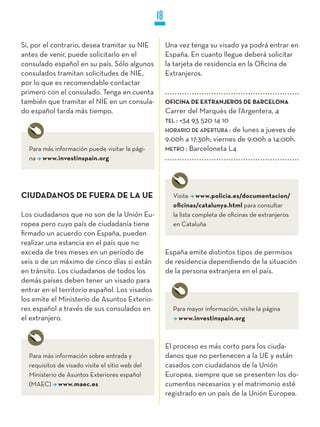 18

Si, por el contrario, desea tramitar su NIE           Una vez tenga su visado ya podrá entrar en
antes de venir, puede solicitarlo en el               España. En cuanto llegue deberá solicitar
consulado español en su país. Sólo algunos            la tarjeta de residencia en la Oficina de
consulados tramitan solicitudes de NIE,               Extranjeros.
por lo que es recomendable contactar
primero con el consulado. Tenga en cuenta
también que tramitar el NIE en un consula-            OFICINA DE EXTRANjEROS DE BARCELONA
do español tarda más tiempo.                          Carrer del Marquès de l’Argentera, 4
                                                      TEL : +34 93 520 14 10
                                                      HORaRiO DE aPERTuRa : de lunes a jueves de
                                                      9:00h a 17:30h; viernes de 9:00h a 14:00h.
  Para más información puede visitar la pági-         METRO : Barceloneta L4
  na www.investinspain.org




CIUDADANOS DE FUERA DE LA UE                            Visite www.policia.es/documentacion/
                                                        oficinas/catalunya.html para consultar
Los ciudadanos que no son de la Unión Eu-               la lista completa de oficinas de extranjeros
ropea pero cuyo país de ciudadanía tiene                en Cataluña
firmado un acuerdo con España, pueden
realizar una estancia en el país que no
exceda de tres meses en un período de                 España emite distintos tipos de permisos
seis o de un máximo de cinco días si están            de residencia dependiendo de la situación
en tránsito. Los ciudadanos de todos los              de la persona extranjera en el país.
demás países deben tener un visado para
entrar en el territorio español. Los visados
los emite el Ministerio de Asuntos Exterio-
res español a través de sus consulados en               Para mayor información, visite la página
el extranjero.                                            www.investinspain.org



                                                      El proceso es más corto para los ciuda-
  Para más información sobre entrada y                danos que no pertenecen a la UE y están
  requisitos de visado visite el sitio web del        casados con ciudadanos de la Unión
  Ministerio de Asuntos Exteriores español            Europea, siempre que se presenten los do-
  (MAEC) www.maec.es                                  cumentos necesarios y el matrimonio esté
                                                      registrado en un país de la Unión Europea.
 