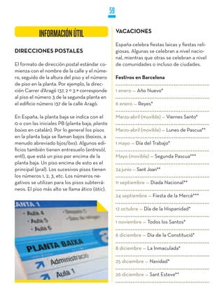 59

                                                     VACACIONES
           INFORMACIÓN ÚTIL
                                                     España celebra fiestas laicas y fiestas reli-
DIRECCIONES POSTALES                                 giosas. Algunas se celebran a nivel nacio-
                                                     nal, mientras que otras se celebran a nivel
El formato de dirección postal estándar co-          de comunidades o incluso de ciudades.
mienza con el nombre de la calle y el núme-
ro, seguido de la altura del piso y el número        Festivos en Barcelona
de piso en la planta. Por ejemplo, la direc-
ción Carrer d’Aragó 137, 2 º 3 ª corresponde         1 enero — Año Nuevo*
al piso el número 3 de la segunda planta en
el edificio número 137 de la calle Aragó.            6 enero — Reyes*

En España, la planta baja se indica con el           Marzo-abril (movible) — Viernes Santo*
0 o con las iniciales PB (planta baja, planta
baixa en catalán). Por lo general los pisos          Marzo-abril (movible) — Lunes de Pascua**
en la planta baja se llaman bajos (baixos, a
menudo abreviado bjos/bxs). Algunos edi-             1 mayo — Día del Trabajo*
ficios también tienen entresuelo (entresòl,
entl), que está un piso por encima de la             Mayo (movible) — Segunda Pascua***
planta baja. Un piso encima de esto es el
principal (pral). Los sucesivos pisos tienen         24 junio — Sant Joan**
los números 1, 2, 3, etc. Los números ne-
gativos se utilizan para los pisos subterrá-         11 septiembre — Diada Nacional**
neos. El piso más alto se llama ático (àtic).
                                                     24 septiembre — Fiesta de la Mercè***

                                                     12 octubre — Día de la Hispanidad*

                                                     1 noviembre — Todos los Santos*

                                                     6 diciembre — Dia de la Constitució*

                                                     8 diciembre — La Inmaculada*

                                                     25 diciembre — Navidad*

                                                     26 diciembre — Sant Esteve**
 