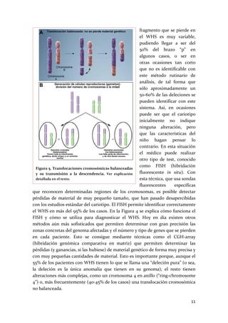 fragmento que se pierde en 
                                                              el  WHS  es  muy  variable, 
                                                              pudiendo  llegar  a  ser  del 
                                                              50%  del  brazo  “p”  en 
                                                              algunos  casos,  o  ser  en 
                                                              otras  ocasiones  tan  corto 
                                                              que  no  es  identificable  con 
                                                              este  método  rutinario  de 
                                                              análisis,  de  tal  forma  que 
                                                              sólo  aproximadamente  un 
                                                              50‐60% de las deleciones se 
                                                              pueden  identificar  con  este 
                                                              sistema.  Así,  en  ocasiones 
                                                              puede  ser  que  el  cariotipo 
                                                              inicialmente  no  indique 
                                                              ninguna  alteración,  pero 
                                                              que  las  características  del 
                                                              niño  hagan  pensar  lo 
                                                              contrario.  En  esta  situación 
                                                              el  médico  puede  realizar 
                                                              otro  tipo  de  test,  conocido 
                                                              como  FISH  (hibridación 
  Figura 5. Translocaciones cromosómicas balanceadas 
  y  su  transmisión  a  la  descendencia.  Ver  explicación  fluorescente  in  situ).  Con 
  detallada en el texto.                                      esta técnica, que usa sondas 
                                                              fluorescentes        específicas 
que  reconocen  determinadas  regiones  de  los  cromosomas,  es  posible  detectar 
pérdidas  de  material  de  muy  pequeño  tamaño,  que  han  pasado  desapercibidas 
con los estudios estándar del cariotipo. El FISH permite identificar correctamente 
el WHS en más del 95% de los casos. En la Figura 4 se explica cómo funciona el 
FISH  y  cómo  se  utiliza  para  diagnosticar  el  WHS.  Hoy  en  día  existen  otros 
métodos  aún  más  sofisticados  que  permiten  determinar  con  gran  precisión  las 
zonas concretas del genoma afectadas y el número y tipo de genes que se pierden 
en  cada  paciente.  Esto  se  consigue  mediante  técnicas  como  el  CGH‐array 
(hibridación  genómica  comparativa  en  matriz)  que  permiten  determinar  las 
pérdidas (y ganancias, si las hubiese) de material genético de forma muy precisa y 
con muy pequeñas cantidades de material. Esto es importante porque, aunque el 
55% de los pacientes con WHS tienen lo que se llama una “deleción pura” (o sea, 
la  deleción  es  la  única  anomalía  que  tienen  en  su  genoma),  el  resto  tienen 
alteraciones más complejas, como un cromosoma 4 en anillo (“ring‐chromosome 
4”) o, más frecuentemente (40‐45% de los casos) una translocación cromosómica 
no balanceada.  

                                                                                           11 
 
 