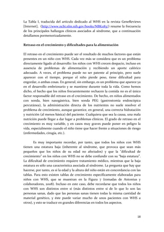 La  Tabla  I,  traducida  del  artículo  dedicado  al  WHS  en  la  revista  GeneReviews 
[Internet],  (http://www.ncbi.nlm.nih.gov/books/NBK1183/) resume la frecuencia 
de  los  principales  hallazgos  clínicos  asociados  al  síndrome,  que  a  continuación 
detallamos pormenorizadamente.  
 
Retraso en el crecimiento y dificultades para la alimentación 
 
El retraso en el crecimiento puede ser el resultado de muchos factores que están 
presentes en un niño con WHS. Cada vez más se considera que es un problema 
directamente ligado al desarrollo: los niños con WHS crecen despacio, incluso en 
ausencia  de  problemas  de  alimentación  y  recibiendo  un  aporte  calórico 
adecuado.  A  veces,  el  problema  puede  no  ser  patente  al  principio,  pero  suele 
aparecer  con  el  tiempo,  porque  el  niño  pierde  peso,  tiene  dificultad  para 
engordar, o ambas cosas. En general, sin embargo, es un problema que aparece ya 
en  el  desarrollo  embrionario  y  se  mantiene  durante  toda  la  vida.  Como  hemos 
dicho, el hecho que los niños frecuentemente rechacen la comida no es el único 
factor responsable del retraso en el crecimiento. De hecho, en niños alimentados 
con  sonda,  bien  nasogástrica,  bien  sonda  PEG  (gastrostomía  endoscópica 
percutánea),  la  administración  directa  de  los  nutrientes  no  suele  resolver  el 
problema de crecimiento, aunque garantice, en general, una correcta hidratación 
y nutrición (al menos básica) del paciente. Cualquiera que sea la causa, una mala 
nutrición puede llegar a dar lugar a problemas clínicos. El grado de retraso en el 
crecimiento  es  muy  variable,  y  en  casos  muy  graves  puede  poner  en  peligro  la 
vida, especialmente cuando el niño tiene que hacer frente a situaciones de riesgo 
(enfermedades, cirugía, etc.). 
 
         Es  muy  importante  recordar,  por  tanto,  que  todos  los  niños  con  WHS 
tienen  una  estatura  baja  (inherente  al  síndrome,  que  provoca  que  sean  más 
pequeños  que  los  niños  de  su  edad  no  afectados)  y  que  la  "dificultad  de 
crecimiento” en los niños con WHS no se debe confundir con su “baja estatura”. 
La  dificultad  de  crecimiento  requiere  tratamiento  médico,  mientras  que  la  baja 
estatura es sólo una característica asociada al síndrome. La pregunta que hay que 
hacerse, por tanto, es si la edad y la altura del niño están en concordancia con las 
tablas.  Para  esto  existen  tablas  de  crecimiento  específicamente  elaboradas  para 
niños  con  WHS,  que  se  muestran  en  la  Figura  7  (tomadas  de  Antonius  y 
colaboradores,  2008).  Incluso  en  este  caso,  debe  recordarse  que  todos  los  niños 
con  WHS  son  distintos  entre  sí  (más  distintos  entre  sí  de  lo  que  lo  son  las 
personas  sanas,  dado  que  las  personas  sanas  tienen  todas  la  misma  cantidad  de 
material  genético,  y  éste  puede  variar  mucho  de  unos  pacientes  con  WHS  a 
otros), y esto se traduce en grandes diferencias en todos los aspectos. 
 


                                                                                       18 
 
 