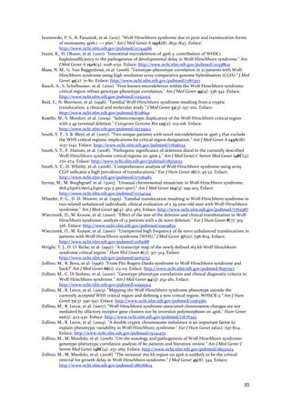 Iwanowski, P. S., B. Panasiuk, et al. (2011). "Wolf‐Hirschhorn syndrome due to pure and translocation forms 
          of monosomy 4p16.1 ‐‐> pter." Am J Med Genet A 155A(8): 1833‐1847. Enlace: 
          http://www.ncbi.nlm.nih.gov/pubmed/21744486 
Izumi, K., H. Okuno, et al. (2010). "Interstitial microdeletion of 4p16.3: contribution of WHSC1 
          haploinsufficiency to the pathogenesis of developmental delay in Wolf‐Hirschhorn syndrome." Am 
          J Med Genet A 152A(4): 1028‐1032. Enlace: http://www.ncbi.nlm.nih.gov/pubmed/20358621 
Maas, N. M., G. Van Buggenhout, et al. (2008). "Genotype‐phenotype correlation in 21 patients with Wolf‐
          Hirschhorn syndrome using high resolution array comparative genome hybridisation (CGH)." J Med 
          Genet 45(2): 71‐80. Enlace: http://www.ncbi.nlm.nih.gov/pubmed/17873117 
Rauch, A., S. Schellmoser, et al. (2001). "First known microdeletion within the Wolf‐Hirschhorn syndrome 
          critical region refines genotype‐phenotype correlation." Am J Med Genet 99(4): 338‐342. Enlace: 
          http://www.ncbi.nlm.nih.gov/pubmed/11252005 
Reid, E., N. Morrison, et al. (1996). "Familial Wolf‐Hirschhorn syndrome resulting from a cryptic 
          translocation: a clinical and molecular study." J Med Genet 33(3): 197‐202. Enlace: 
          http://www.ncbi.nlm.nih.gov/pubmed/8728691 
Rosello, M., S. Monfort, et al. (2009). "Submicroscopic duplication of the Wolf‐Hirschhorn critical region 
          with a 4p terminal deletion." Cytogenet Genome Res 125(2): 103‐108. Enlace: 
          http://www.ncbi.nlm.nih.gov/pubmed/19729912 
South, S. T., S. B. Bleyl, et al. (2007). "Two unique patients with novel microdeletions in 4p16.3 that exclude 
          the WHS critical regions: implications for critical region designation." Am J Med Genet A 143A(18): 
          2137‐2142. Enlace: http://www.ncbi.nlm.nih.gov/pubmed/17696124 
South, S. T., F. Hannes, et al. (2008). "Pathogenic significance of deletions distal to the currently described 
          Wolf‐Hirschhorn syndrome critical regions on 4p16.3." Am J Med Genet C Semin Med Genet 148C(4): 
          270‐274. Enlace: http://www.ncbi.nlm.nih.gov/pubmed/18932125 
South, S. T., H. Whitby, et al. (2008). "Comprehensive analysis of Wolf‐Hirschhorn syndrome using array 
          CGH indicates a high prevalence of translocations." Eur J Hum Genet 16(1): 45‐52. Enlace: 
          http://www.ncbi.nlm.nih.gov/pubmed/17726485 
Syrrou, M., M. Borghgraef, et al. (2001). "Unusual chromosomal mosaicism in Wolf‐Hirschhorn syndrome: 
          del(4)(p16)/der(4)(qter‐q31.3::pter‐qter)." Am J Med Genet 104(3): 199‐203. Enlace: 
          http://www.ncbi.nlm.nih.gov/pubmed/11754044 
Wheeler, P. G., D. D. Weaver, et al. (1995). "Familial translocation resulting in Wolf‐Hirschhorn syndrome in 
          two related unbalanced individuals: clinical evaluation of a 39‐year‐old man with Wolf‐Hirschhorn 
          syndrome." Am J Med Genet 55(4): 462‐465. Enlace: http://www.ncbi.nlm.nih.gov/pubmed/7762587 
Wieczorek, D., M. Krause, et al. (2000). "Effect of the size of the deletion and clinical manifestation in Wolf‐
          Hirschhorn syndrome: analysis of 13 patients with a de novo deletion." Eur J Hum Genet 8(7): 519‐
          526. Enlace: http://www.ncbi.nlm.nih.gov/pubmed/10909852 
Wieczorek, D., M. Krause, et al. (2000). "Unexpected high frequency of de novo unbalanced translocations in 
          patients with Wolf‐Hirschhorn syndrome (WHS)." J Med Genet 37(10): 798‐804. Enlace: 
          http://www.ncbi.nlm.nih.gov/pubmed/11183188 
Wright, T. J., D. O. Ricke, et al. (1997). "A transcript map of the newly defined 165 kb Wolf‐Hirschhorn 
          syndrome critical region." Hum Mol Genet 6(2): 317‐324. Enlace: 
          http://www.ncbi.nlm.nih.gov/pubmed/9063753 
Zollino, M., R. Bova, et al. (1996). "From Pitt‐Rogers‐Danks syndrome to Wolf‐Hirschhorn syndrome and 
          back?" Am J Med Genet 66(1): 113‐115. Enlace: http://www.ncbi.nlm.nih.gov/pubmed/8957527 
Zollino, M., C. Di Stefano, et al. (2000). "Genotype‐phenotype correlations and clinical diagnostic criteria in 
          Wolf‐Hirschhorn syndrome." Am J Med Genet 94(3): 254‐261. Enlace: 
          http://www.ncbi.nlm.nih.gov/pubmed/10995514 
Zollino, M., R. Lecce, et al. (2003). "Mapping the Wolf‐Hirschhorn syndrome phenotype outside the 
          currently accepted WHS critical region and defining a new critical region, WHSCR‐2." Am J Hum 
          Genet 72(3): 590‐597. Enlace: http://www.ncbi.nlm.nih.gov/pubmed/12563561 
Zollino, M., R. Lecce, et al. (2007). "Wolf‐Hirschhorn syndrome‐associated chromosome changes are not 
          mediated by olfactory receptor gene clusters nor by inversion polymorphism on 4p16." Hum Genet 
          122(5): 423‐430. Enlace: http://www.ncbi.nlm.nih.gov/pubmed/17676343 
Zollino, M., R. Lecce, et al. (2004). "A double cryptic chromosome imbalance is an important factor to 
          explain phenotypic variability in Wolf‐Hirschhorn syndrome." Eur J Hum Genet 12(10): 797‐804. 
          Enlace: http://www.ncbi.nlm.nih.gov/pubmed/15241479 
Zollino, M., M. Murdolo, et al. (2008). "On the nosology and pathogenesis of Wolf‐Hirschhorn syndrome: 
          genotype‐phenotype correlation analysis of 80 patients and literature review." Am J Med Genet C 
          Semin Med Genet 148C(4): 257‐269. Enlace: http://www.ncbi.nlm.nih.gov/pubmed/18932124 
Zollino, M., M. Murdolo, et al. (2008). "The terminal 760 kb region on 4p16 is unlikely to be the critical 
          interval for growth delay in Wolf‐Hirschhorn syndrome." J Med Genet 45(8): 544. Enlace: 
          http://www.ncbi.nlm.nih.gov/pubmed/18676804 



                                                                                                            35 
 
 