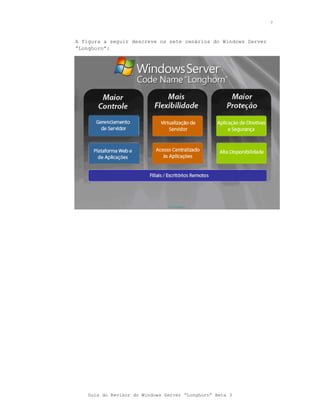 7



A figura a seguir descreve os sete cenários do Windows Server
“Longhorn”:




    Guia do Revisor do Windows Server “Longhorn” Beta 3
 