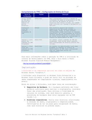 97


Comportamento do TPM — Configurações de Diretiva de Grupo
   Nome da                   Padrão                          Descrição
  Configuração
Ativar backup       Desativado              Esta configuração controla o backup da
do TPM para                                 informação de senha do proprietário do TPM
Serviços de                                 nos Serviços de Domínio do Active
Domínio do                                  Directory.Caso esteja ativada, ela também
Active                                      pode controlar se o backup é obrigatório ou
Directory                                   opcional.
Configurar          Nenhum                  Esta diretiva permite que funções
lista de                                    específicas do TPM sejam ativadas ou
comandos                                    desativadas. Porém, as duas próximas
bloqueados do                               configurações podem restringir os comandos
TPM                                         disponíveis. As listas baseadas em Diretiva
                                            de Grupo prevalecem sobre as listas locais.
                                            As listas locais podem ser configuradas no
                                            console de Gerenciamento do TPM.
Ignorar a lista     Desativado              Por padrão, alguns comandos do TPM são
padrão dos                                  bloqueados. Para ativar estes comandos,
comandos do TPM                             esta configuração de diretiva precisa ser
bloqueados                                  ativada.
Ignorar a lista     Desativado              Por padrão, um administrador local pode
local dos                                   bloquear os comandos no console de
comandos do TPM                             Gerenciamento do TPM. Esta configuração
bloqueados                                  pode ser usada para evitar tal
                                            comportamento.



Para mais informações sobre a operação do TPM e a utilização do
console de Gerenciamento do TPM, veja o Guia Passo a Passo
Windows Trusted Platform Module Management:
 (http://go.microsoft.com/fwlink/?LinkId=82830).

Implantação
O BitLocker é um componente opcional em todas as edições do
Windows Server “Longhorn.”
O BitLocker está disponível no Windows Vista Enterprise e no
Windows Vista Ultimate, e pode ser muito útil na proteção de
dados armazenados em computadores clientes, especialmente nos
móveis.
Antes de ativar o BitLocker, você deve levar em consideração:
   •     Requisitos de Hardware. Se o hardware existente não tiver
         potência suficiente para realizar a criptografia, considere
         fazer uma atualização. Para utilizar a totalidade de
         recursos do sistema, como será descrito adiante, a
         plataforma de hardware deve estar equipada com um TPM
         versão 1.2.
   •     Diretivas corporativas. Avalie suas diretivas relacionadas
         à retenção de dados, criptografia e compatibilidade.
         Certifique-se de ter um plano para recuperação de dados,
         como será discutido na próxima seção.




       Guia do Revisor do Windows Server “Longhorn” Beta 3
 