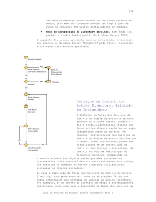 172



         não deve permanecer neste estado por um longo período de
         tempo, pois ele não consegue atender as requisições de
         logon ou replicar com outros controladores de domínio.
   •     Modo de Recuperação do Directory Services. Este modo (ou
         estado) é inalterável a partir do Windows Server 2003.
O seguinte fluxograma apresenta como um controlador de domínio
que executa o Windows Server “Longhorn” pode fazer a transição
entre esses três estados possíveis.




                               Serviços de Domínio do
                               Active Directory: Exibição
                               em Instantâneo
                          A Exibição em Telas dos Serviços de
                          Domínio do Active Directory é um novo
                          recurso do Windows Server “Longhorn.”
                          Ele o ajuda a identificar objetos que
                          foram acidentalmente excluídos ao expor
                          informações sobre os objetos, em
                          imagens (instantâneos) dos Serviços de
                          Domínio do Active Directory obtidas com
                          o tempo. Esses instantâneos podem ser
                          visualizados em um controlador de
                          domínio, sem iniciar o controlador de
                          domínio no Modo de Restauração do
                          Directory Services. Comparando os
diversos estados dos objetos assim que eles aparecem nos
instantâneos, será possível decidir mais facilmente qual backup
dos Serviços de Domínio do Active Directory utilizar para
restaurar os objetos excluídos.
Ao usar a Exposição de Telas dos Serviços de Domínio do Active
Directory, você pode examinar todas as alterações feitas aos
dados armazenados nos Serviços de Domínio do Active Directory.
Por exemplo, se um objeto da Diretiva de Grupo é acidentalmente
modificado, você pode usar a Exposição de Telas dos Serviços de

       Guia do Revisor do Windows Server “Longhorn” Beta 3
 