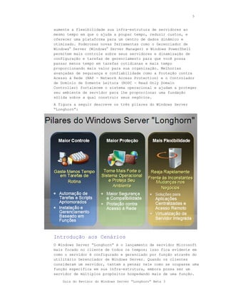 5



aumente a flexibilidade sua infra-estrutura de servidores ao
mesmo tempo em que o ajuda a poupar tempo, reduzir custos, e
oferecer uma plataforma para um centro de dados dinâmico e
otimizado. Poderosas novas ferramentas como o Gerenciador de
Windows® Server (Windows® Server Manager) e Windows PowerShell
permitem mais controle sobre seus servidores e dinamização de
configuração e tarefas de gerenciamento para que você possa
passar menos tempo em tarefas cotidianas e mais tempo
proporcionando mais valor para sua organização. Melhorias
avançadas de segurança e confiabilidade como a Proteção contra
Acesso à Rede (NAP - Network Access Protection) e o Controlador
de Domínio de Somente Leitura (RODC - Read Only Domain
Controller) fortalecem o sistema operacional e ajudam a proteger
seu ambiente de servidor para lhe proporcionar uma fundação
sólida sobre a qual construir seus negócios.
A figura a seguir descreve os três pilares do Windows Server
“Longhorn”:




Introdução aos Cenários
O Windows Server “Longhorn” é o lançamento de servidor Microsoft
mais focado no cliente de todos os tempos; isso fica evidente em
como o servidor é configurado e gerenciado por função através do
utilitário Gerenciador de Windows Server. Quando os clientes
consideram um servidor, tentem a pensar nele como se ocupasse uma
função específica em sua infra-estrutura, embora possa ser um
servidor de múltiplos propósitos hospedando mais de uma função.

    Guia do Revisor do Windows Server “Longhorn” Beta 3
 