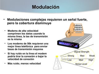 Modulación
• Modulaciones complejas requieren un señal fuerte,
pero la cobertura disminuye
• Modems de alta velocidad
comprimen los datos usando la
misma línea, la tas de transmisión
es la misma
• Los modems de 56k requieren una
mejor línea telefónica para enviar
tasas de transmisión mayores
• Si hay ruido en la línea el modem
podría tirar la conexión o bajar la
velocidad de conexión
• Más ruido, menos velocidad

Signal Strength
Strong
Low

Med
Med
Noise Level

Weak
High

 