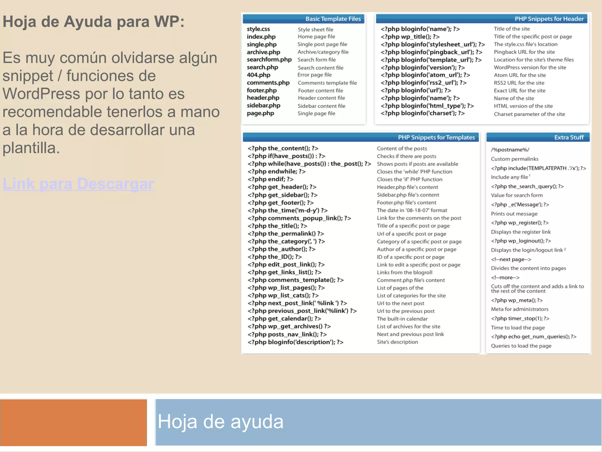 Hoja de ayuda Hoja de Ayuda para WP: Es muy común olvidarse algún snippet / funciones de WordPress por lo tanto es recomendable tenerlos a mano a la hora de desarrollar una plantilla.   Link para Descargar   