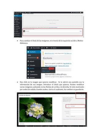  Para cambiar el título de las imágenes, en el menú de la izquierda accede a Medios-
Biblioteca.
 Haz click en la imagen que quieres modificar. Se te abrirá una pantalla con la
información de esa imagen. Introduce el título que quieras. Puedes modificar
varias imágenes, pulsando en las flechas de arriba a la derecha. Se irán mostrando
por orden de subida. Cuando acabes, cierra el cuadrante, los cambios se guardarán.
 