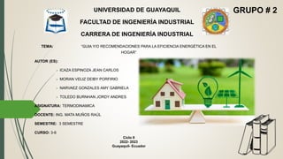 UNIVERSIDAD DE GUAYAQUIL
FACULTAD DE INGENIERÌA INDUSTRIAL
CARRERA DE INGENIERÌA INDUSTRIAL
TEMA: “GUIA Y/O RECOMENDACIONES PARA LA EFICIENCIA ENERGÉTICA EN EL
HOGAR”
AUTOR (ES):
 ICAZA ESPINOZA JEAN CARLOS
 MORAN VELIZ DEIBY PORFIRIO
 NARVAEZ GONZALES AMY GABRIELA
 TOLEDO BURNHAN JORDY ANDRES
ASIGNATURA: TERMODINAMICA
DOCENTE: ING. MATA MUÑOS RAÚL
SEMESTRE: 3 SEMESTRE
CURSO: 3-6
Ciclo II
2022- 2023
Guayaquil- Ecuador
GRUPO # 2
 