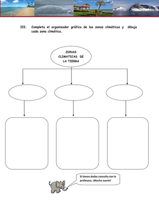 III.   Completa el organizador gráfico de las zonas climáticas y        dibuja
       cada zona climática.




                            ZONAS
                       CLIMATICAS DE
                          LA TIERRA




                                      Si tienes dudas consulta con la
                                      profesora. ¡Mucha suerte!
 