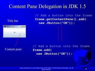 Liang, Introduction to Java Programming, Ninth Edition, (c) 2013 Pearson Education, Inc. All
rights reserved.
16
Content Pane Delegation in JDK 1.5
// Add a button into the frame
frame.getContentPane().add(
new JButton("OK"));
Title bar
Content pane
// Add a button into the frame
frame.add(
new JButton("OK"));
 