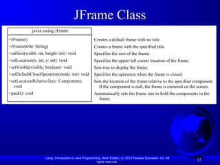 Liang, Introduction to Java Programming, Ninth Edition, (c) 2013 Pearson Education, Inc. All
rights reserved.
17
JFrame Class
javax.swing.JFrame
+JFrame()
+JFrame(title: String)
+setSize(width: int, height: int): void
+setLocation(x: int, y: int): void
+setVisible(visible: boolean): void
+setDefaultCloseOperation(mode: int): void
+setLocationRelativeTo(c: Component):
void
+pack(): void
Creates a default frame with no title.
Creates a frame with the specified title.
Specifies the size of the frame.
Specifies the upper-left corner location of the frame.
Sets true to display the frame.
Specifies the operation when the frame is closed.
Sets the location of the frame relative to the specified component.
If the component is null, the frame is centered on the screen.
Automatically sets the frame size to hold the components in the
frame.
 