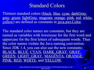 Liang, Introduction to Java Programming, Ninth Edition, (c) 2013 Pearson Education, Inc. All
rights reserved.
28
Standard Colors
Thirteen standard colors (black, blue, cyan, darkGray,
gray, green, lightGray, magenta, orange, pink, red, white,
yellow) are defined as constants in java.awt.Color.
The standard color names are constants, but they are
named as variables with lowercase for the first word and
uppercase for the first letters of subsequent words. Thus
the color names violate the Java naming convention.
Since JDK 1.4, you can also use the new constants:
BLACK, BLUE, CYAN, DARK_GRAY, GRAY,
GREEN, LIGHT_GRAY, MAGENTA, ORANGE,
PINK, RED, WHITE, and YELLOW.
 