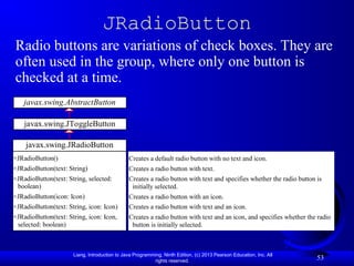 Liang, Introduction to Java Programming, Ninth Edition, (c) 2013 Pearson Education, Inc. All
rights reserved.
53
JRadioButton
Radio buttons are variations of check boxes. They are
often used in the group, where only one button is
checked at a time.
javax.swing.JRadioButton
+JRadioButton()
+JRadioButton(text: String)
+JRadioButton(text: String, selected:
boolean)
+JRadioButton(icon: Icon)
+JRadioButton(text: String, icon: Icon)
+JRadioButton(text: String, icon: Icon,
selected: boolean)
Creates a default radio button with no text and icon.
Creates a radio button with text.
Creates a radio button with text and specifies whether the radio button is
initially selected.
Creates a radio button with an icon.
Creates a radio button with text and an icon.
Creates a radio button with text and an icon, and specifies whether the radio
button is initially selected.
javax.swing.AbstractButton
javax.swing.JToggleButton
 