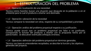 1.- ESTRUCTURACIÓN DEL PROBLEMA
• 1.1 Operación: localización de una necesidad.
Técnica (cómo hacerlo): buscar una situación que desajuste en la población o en el
ambiente para la cual el producto a diseñar será destinado.
• 1.2 Operación: valoración de la necesidad
Técnica: comparar la necesidad con otras, respecto de su compatibilidad y prioridad.
• 1.3 Operación: análisis del problema proyectual respecto a su justificación.
Técnica: puede ocurrir que un problema proyectual sea falso o no justificado.
Comparando la función del producto a diseñar con la propuesta hecha por el
patrocinador, se descubren eventuales enfoques erróneos.
• 1.4 Operación: definición del problema proyectual en términos generales.
Técnica: con base en antecedentes recopilados, se describe la función y los objetivos
generales del proyecto.
 
