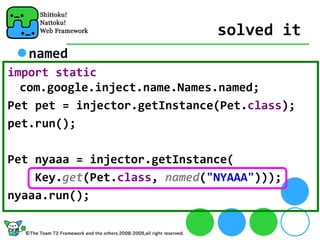 solved it
   named
import static
  com.google.inject.name.Names.named;
Pet pet = injector.getInstance(Pet.class);
pet.run();

Pet nyaaa = injector.getInstance(
    Key.get(Pet.class, named("NYAAA")));
nyaaa.run();
 