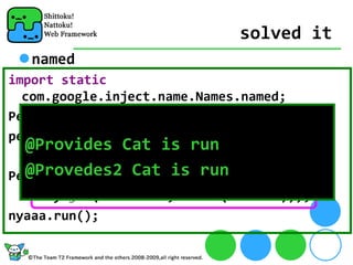 solved it
   named
import static
  com.google.inject.name.Names.named;
Pet pet = injector.getInstance(Pet.class);
pet.run();
  @Provides Cat is run
  @Provedes2 Cat is run
Pet nyaaa = injector.getInstance(
    Key.get(Pet.class, named("NYAAA")));
nyaaa.run();
 