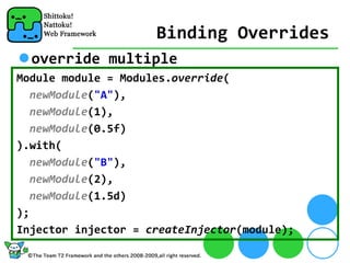 Binding Overrides
  override multiple
Module module = Modules.override(
   newModule("A"), 
   newModule(1),
   newModule(0.5f)
).with(
   newModule("B"), 
   newModule(2),
   newModule(1.5d)
);
Injector injector = createInjector(module);
 