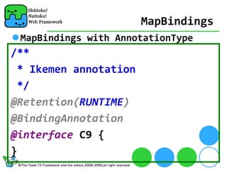 MapBindings
 MapBindings with AnnotationType
/**
 * Ikemen annotation
 */
@Retention(RUNTIME)
@BindingAnnotation
@interface C9 {
}
 