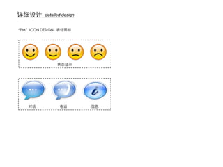 详细设计      detailed design


“PM”ICON DESIGN 表征图标




                状态显示




    对话           电话         信息
 