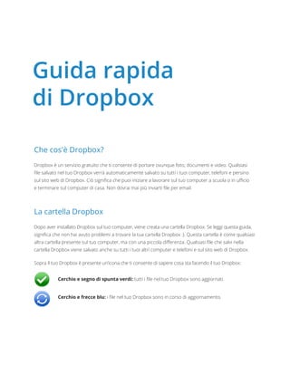 Che cos'è Dropbox?
Dropbox è un servizio gratuito che ti consente di portare ovunque foto, documenti e video. Qualsiasi
file salvato nel tuo Dropbox verrà automaticamente salvato su tutti i tuoi computer, telefoni e persino
sul sito web di Dropbox. Ciò significa che puoi iniziare a lavorare sul tuo computer a scuola o in ufficio
e terminare sul computer di casa. Non dovrai mai più inviarti file per email.
La cartella Dropbox
Dopo aver installato Dropbox sul tuo computer, viene creata una cartella Dropbox. Se leggi questa guida,
significa che non hai avuto problemi a trovare la tua cartella Dropbox :). Questa cartella è come qualsiasi
altra cartella presente sul tuo computer, ma con una piccola differenza. Qualsiasi file che salvi nella
cartella Dropbox viene salvato anche su tutti i tuoi altri computer e telefoni e sul sito web di Dropbox.
Sopra il tuo Dropbox è presente un’icona che ti consente di sapere cosa sta facendo il tuo Dropbox:
Cerchio e segno di spunta verdi: tutti i file nel tuo Dropbox sono aggiornati.
Cerchio e frecce blu: i file nel tuo Dropbox sono in corso di aggiornamento.
Guida rapida
di Dropbox
 