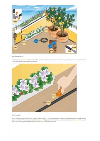 3) Fustella foratubo
La fustella foratubo (es: Claber 91185) permette di effettuare dei fori del diametro esatto, per un collegamento a perfetta tenuta d’acqua fra il tubo collettore
e i tubi capillari. Inoltre avvita e regola i microirrigatori.
4) Tubi capillari
Taglia a misura alcuni pezzi di tubo da 1/4″. Dopo aver forato il tubo da 1/2″, in corrispondenza delle derivazioni che prevedete di utilizzare, collega ciascuno
spezzone al tubo da 1/2″ tramite il raccordo a 2 vie (es: Claber 91155). E’ possibile anche utilizzare un rubinetto per tubo capillare (es: Claber 91270), in questo
modo avrai una maggiore flessibilità e controllo sulla portata d’acqua delle singole derivazioni.
 